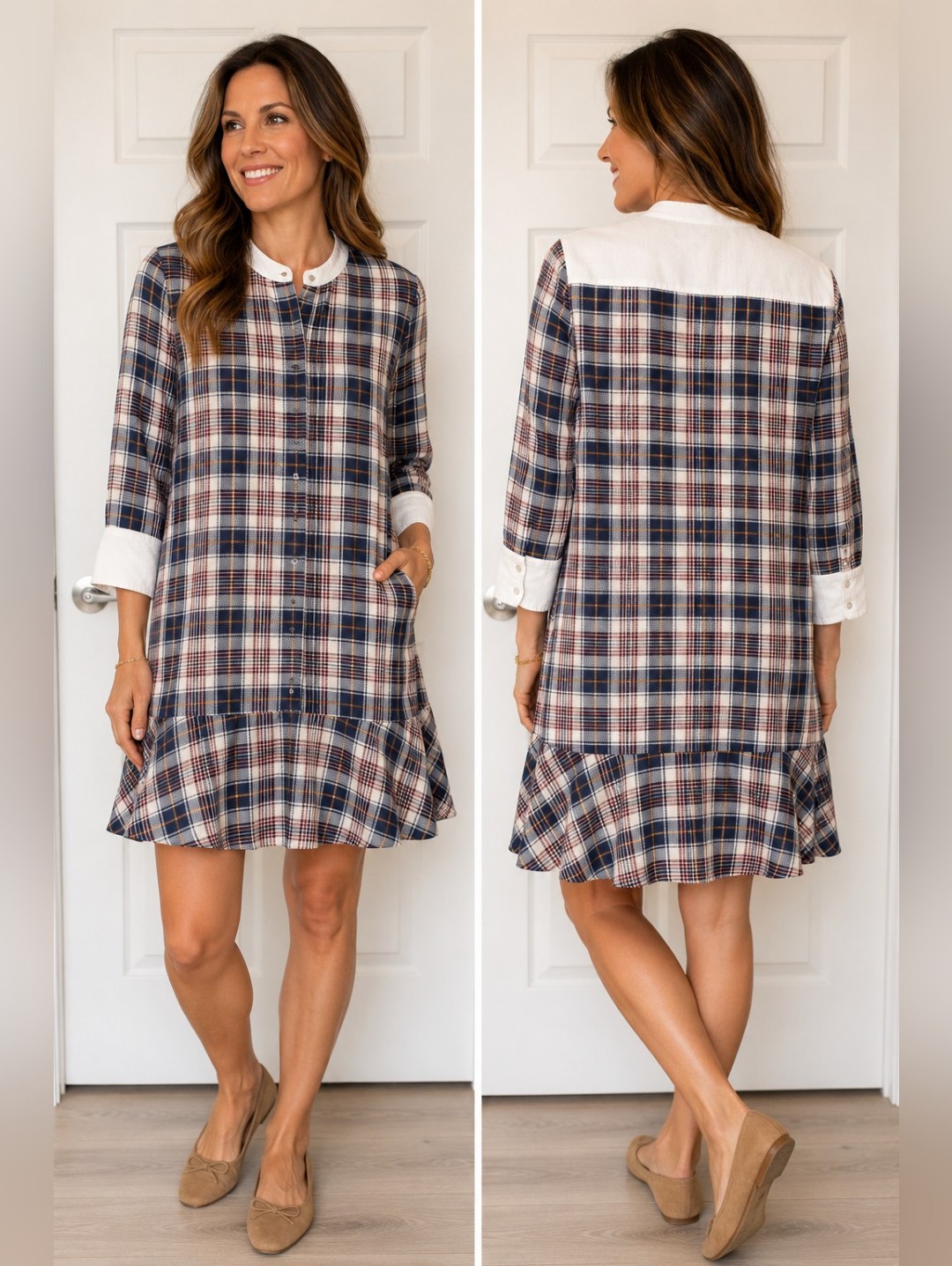 Tory Burch Cora Milano Tartan Plaid Silk Shirtdress Drop Waist Sz 12 Ruffle Navy